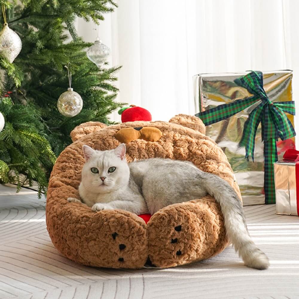 Adorable lit pour chat en peluche en forme de pomme festif