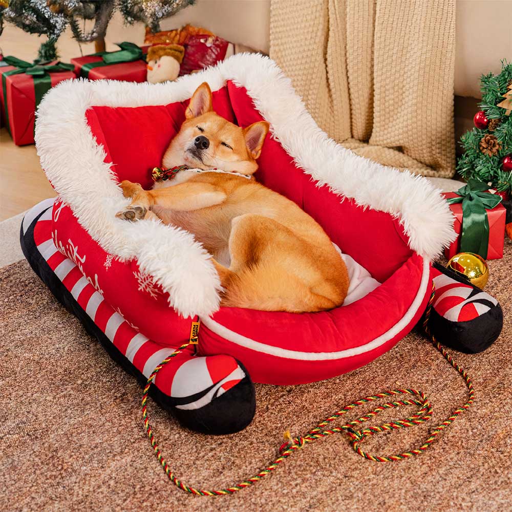 Festliches, gemütliches Hundebett aus Plüsch – Weihnachtsschlitten