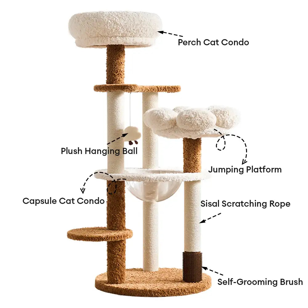 Flower Multi-Level Cat Climbing Frame Scratching Post Cat Tree with Space Capsule