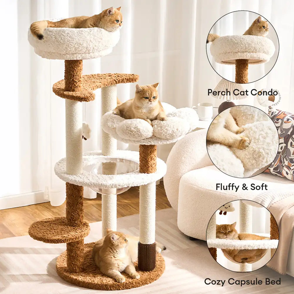 Flower Multi-Level Cat Climbing Frame Scratching Post Cat Tree with Space Capsule
