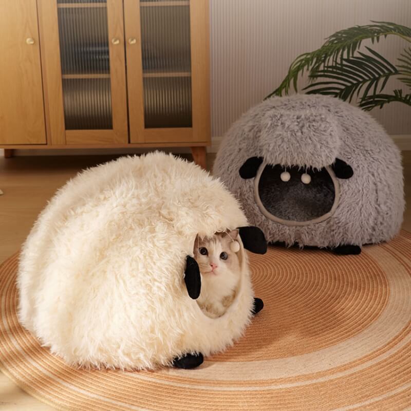 سرير قطة دافئ على شكل خروف مغلق بالكامل