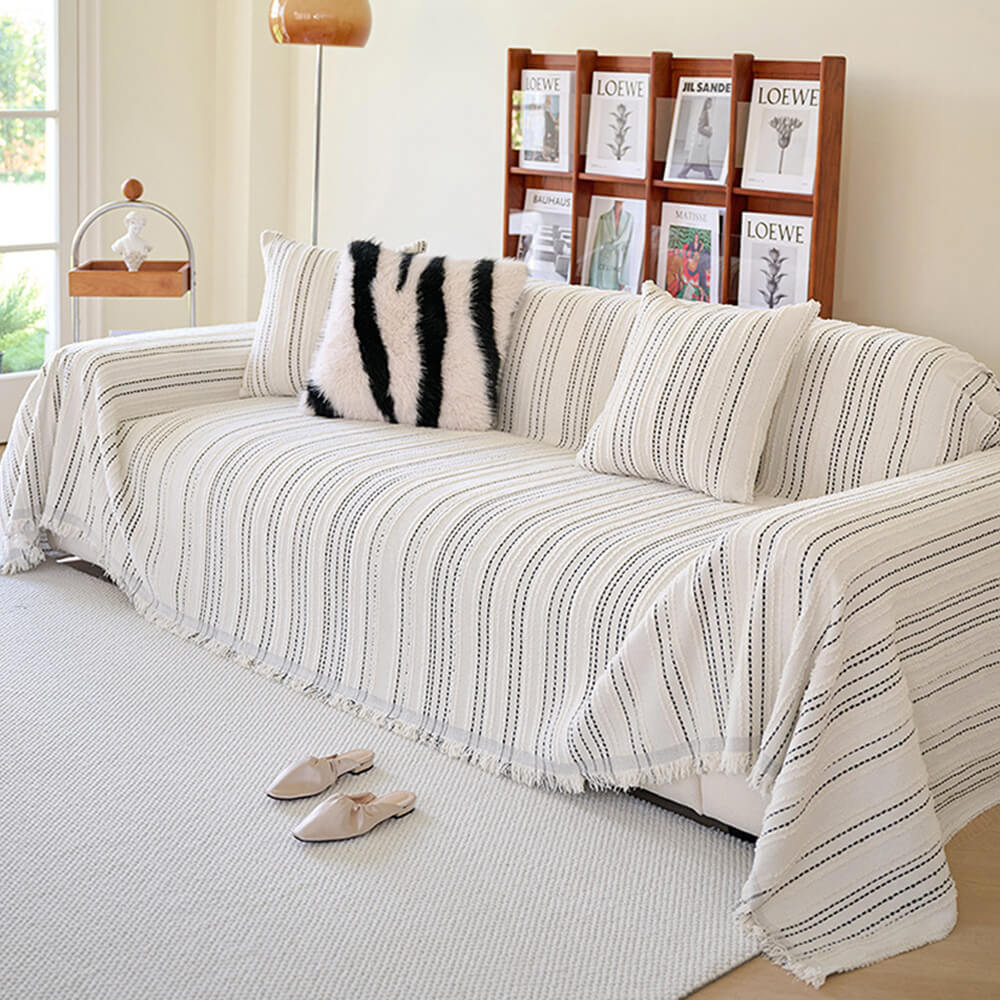 All-Season Striped Tassels Chenille Durable Couch Cover