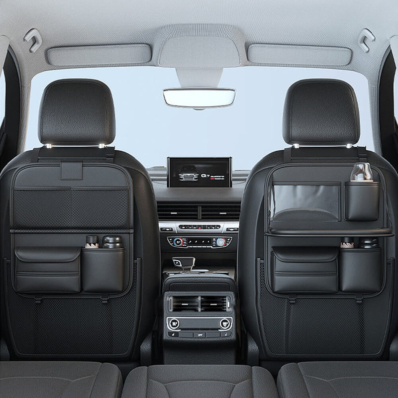 Car Backseat Organizer With Foldable Table - PU Leather Seat Protector, Storage Pockets & Phone Holder