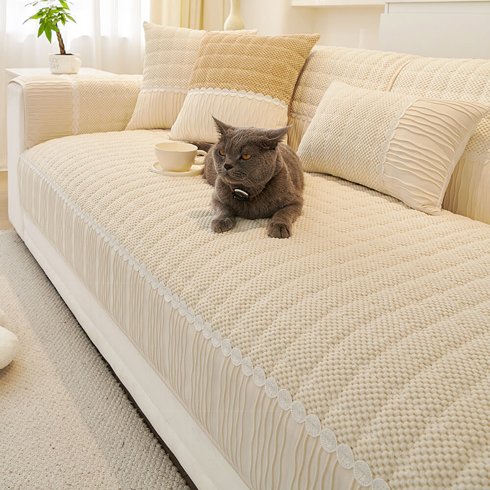 Elegant Soft Plush Grid Stitching Warmth Anti-Slip Couch Cover