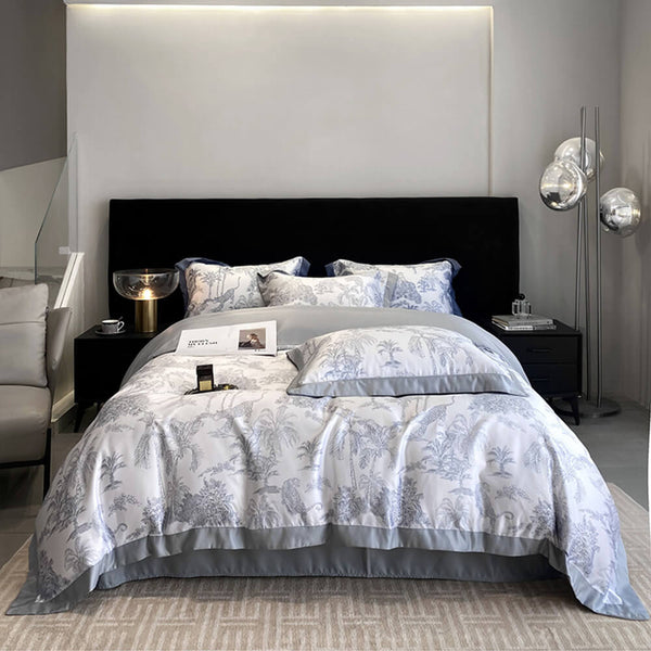 Elegant Toile Print Silky Cooling Duvet Cover Bed Sheet Set