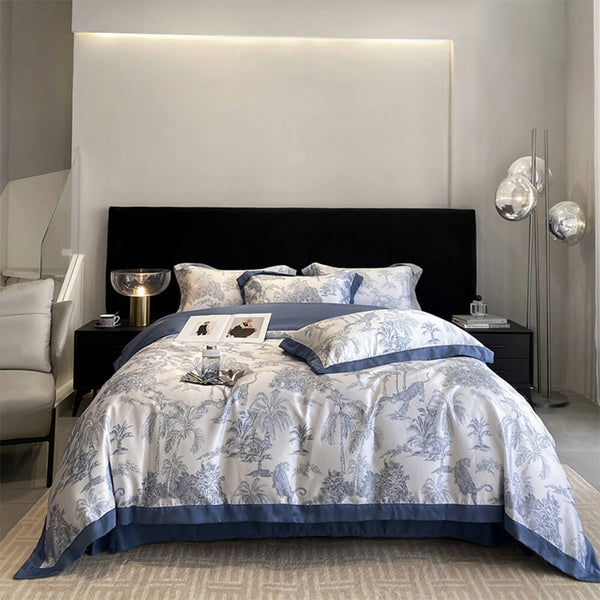 Elegant Toile Print Silky Cooling Duvet Cover Bed Sheet Set