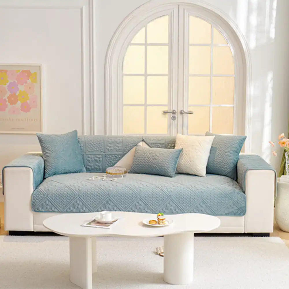 Embossed Geometric Pattern Soft Plush Quilted Non-Slip Couch Cover