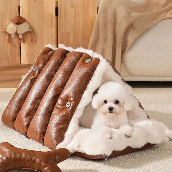 Faux Leather Vintage Multi-function Plush Dog Bed Convertible Dog Car Seat