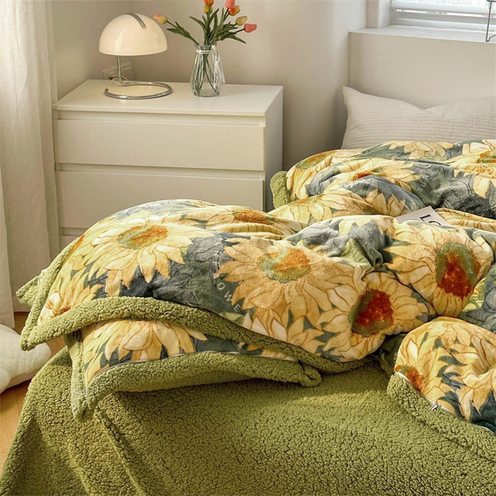 Floral Print Milk Velvet & Sherpa Double-Sided Bed Sheet Set