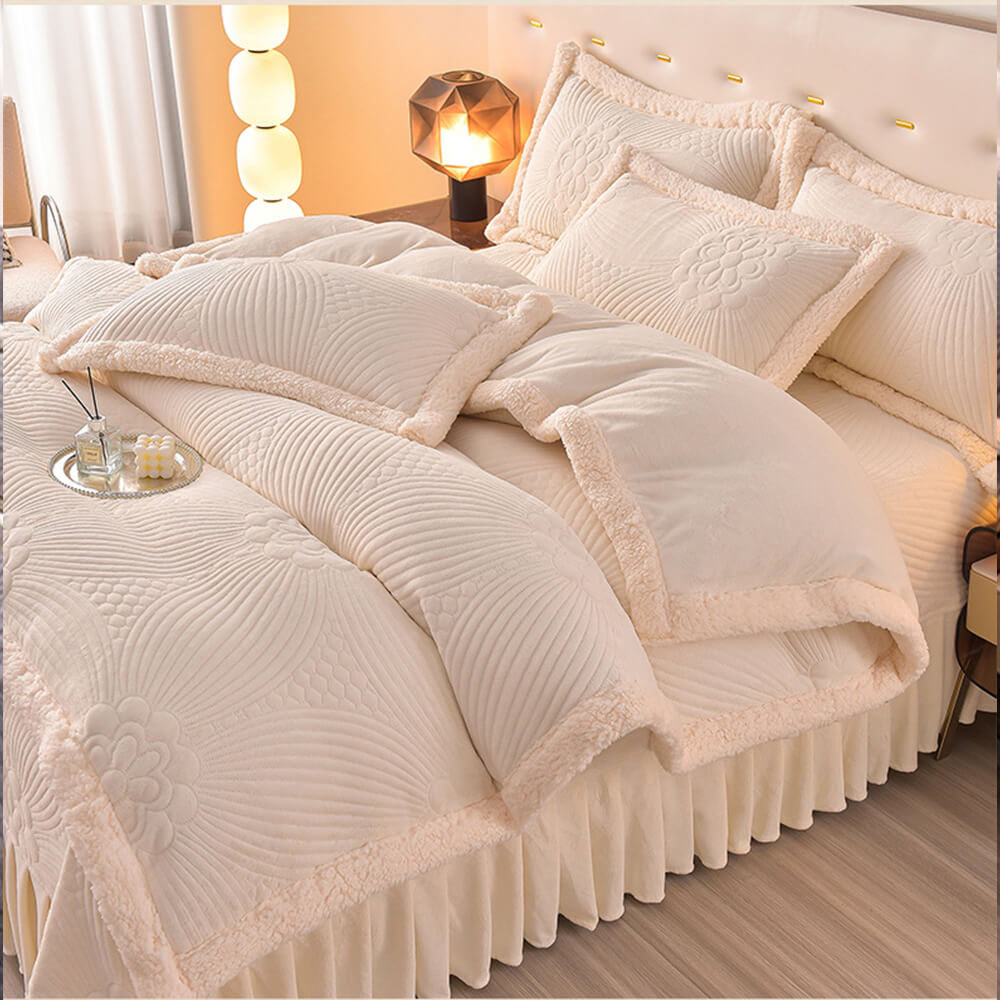 Floral Quilted Cozy Thickened Milk Fleece Bed Skirt Set