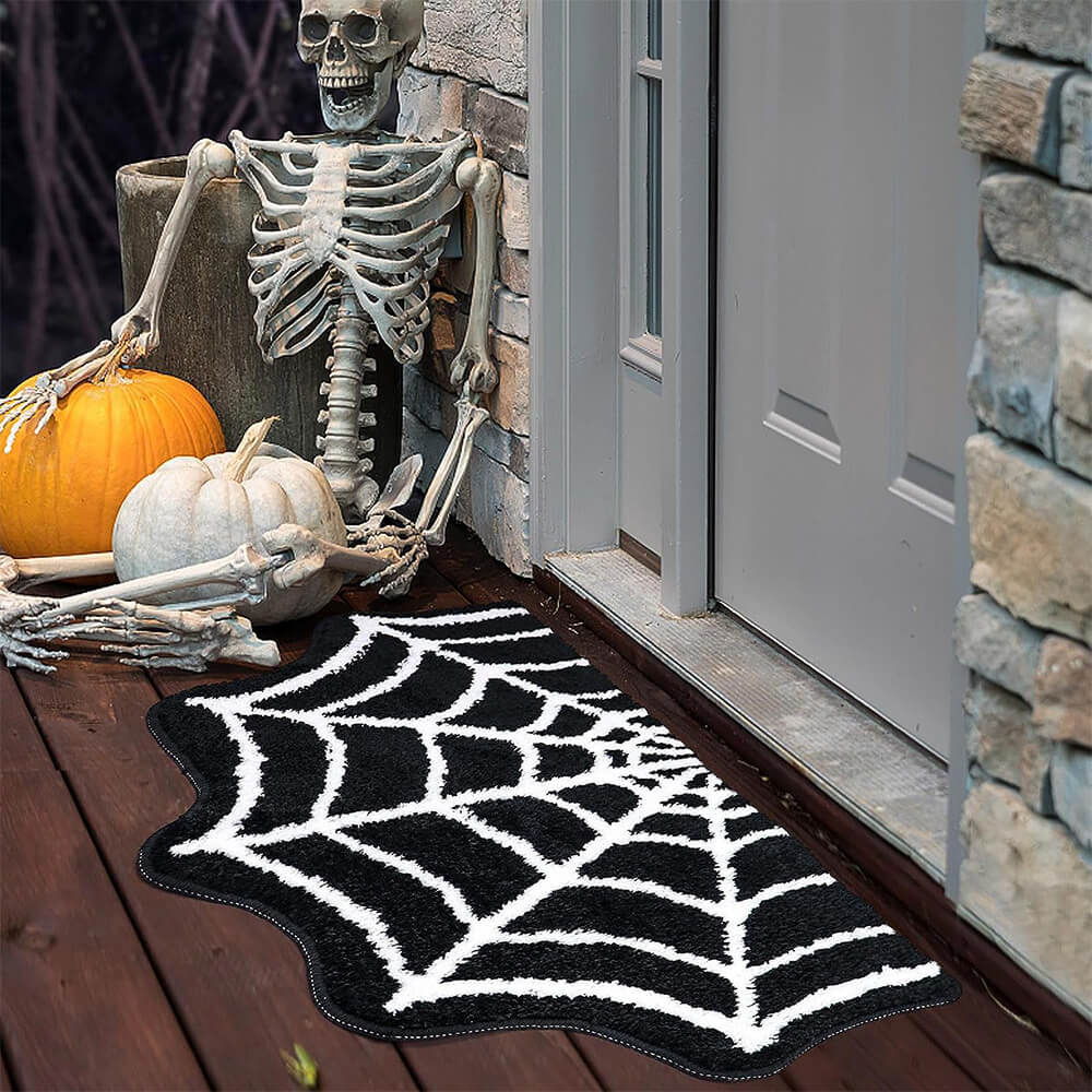 Tapis d'Halloween luxueux en faux cachemire - Tapis doux et effrayant en forme de toile d'araignée