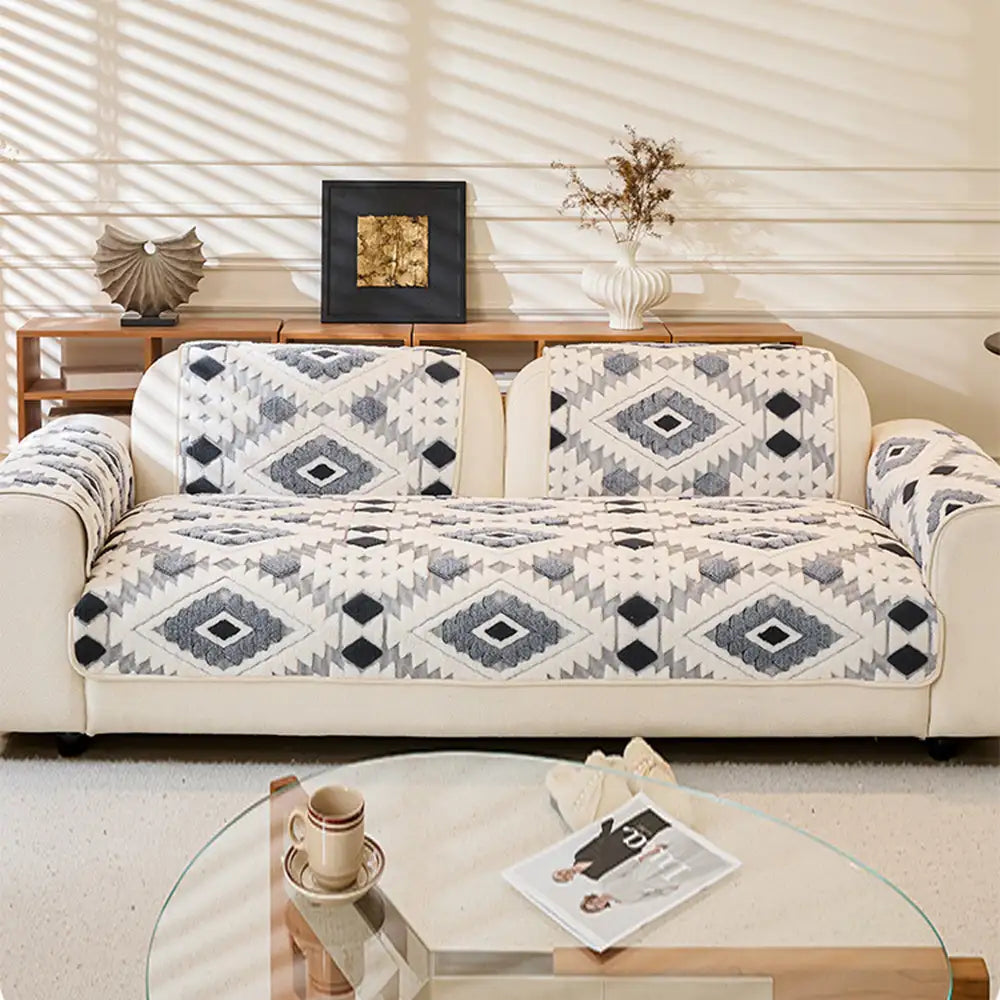 Modern Geometric Thick Plush Anti-Scratch Non-Slip Couch Cover