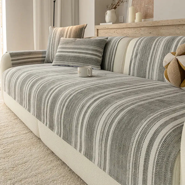 Natural Stripe Chenille Thickend Sofa Protection Washable Non-Slip Couch Cover