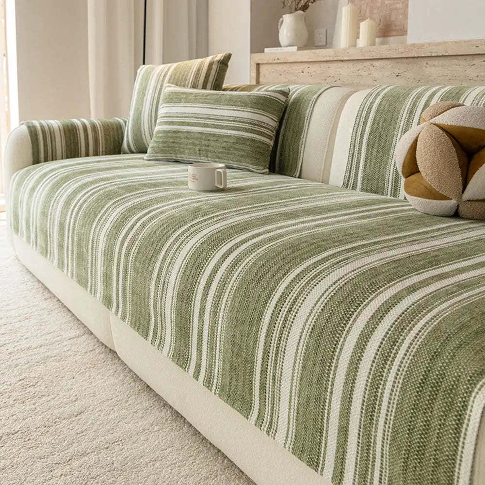 Natural Stripe Chenille Thickend Sofa Protection Washable Non-Slip Couch Cover