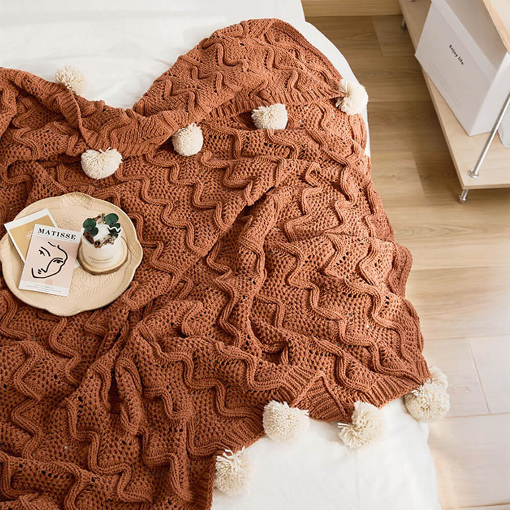 Kuschelige Chenille-Pom-Pom-Decke im nordischen Stil mit Kissenbezug