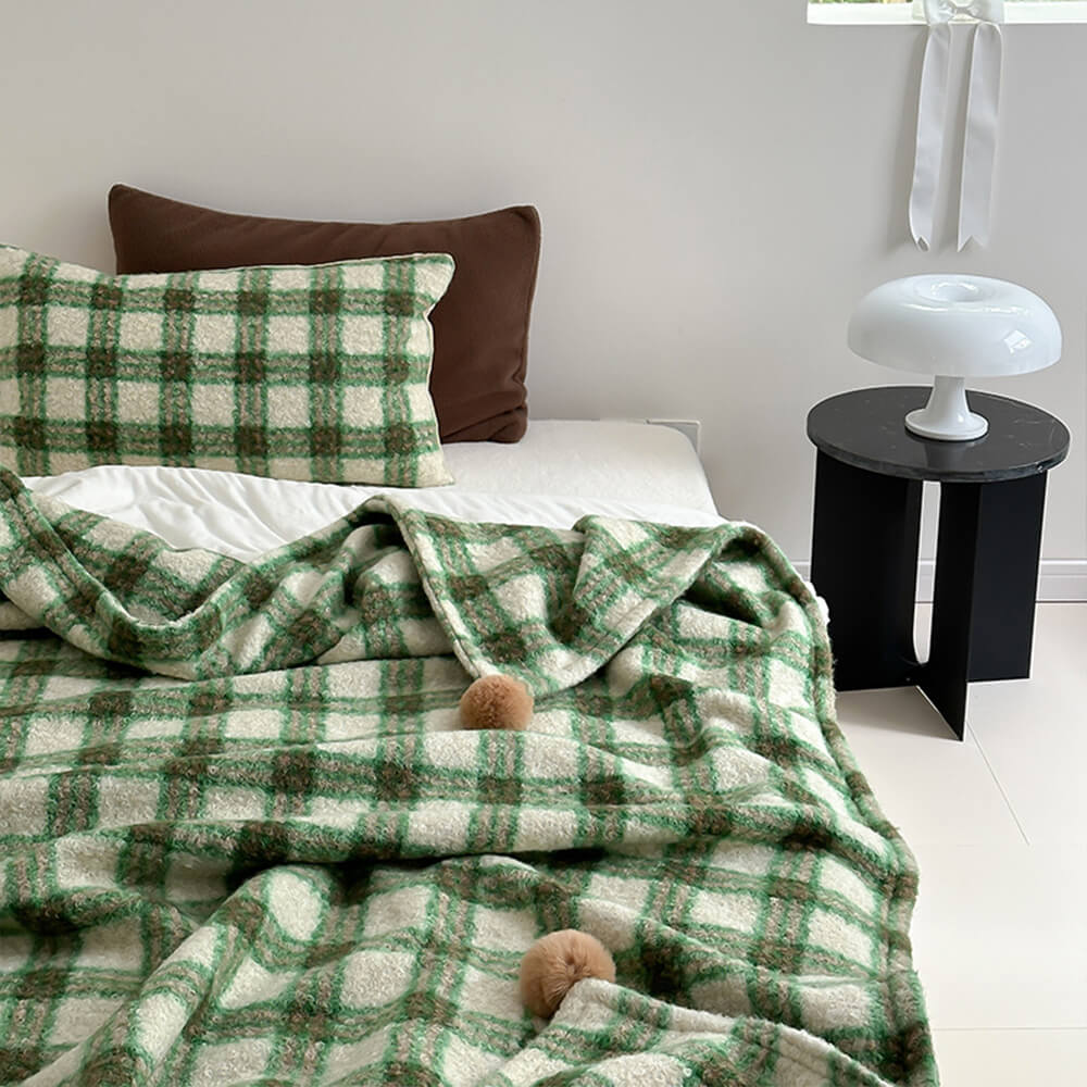 Refined Plaid Faux Lambswool Pom-Pom Home Throw Blanket