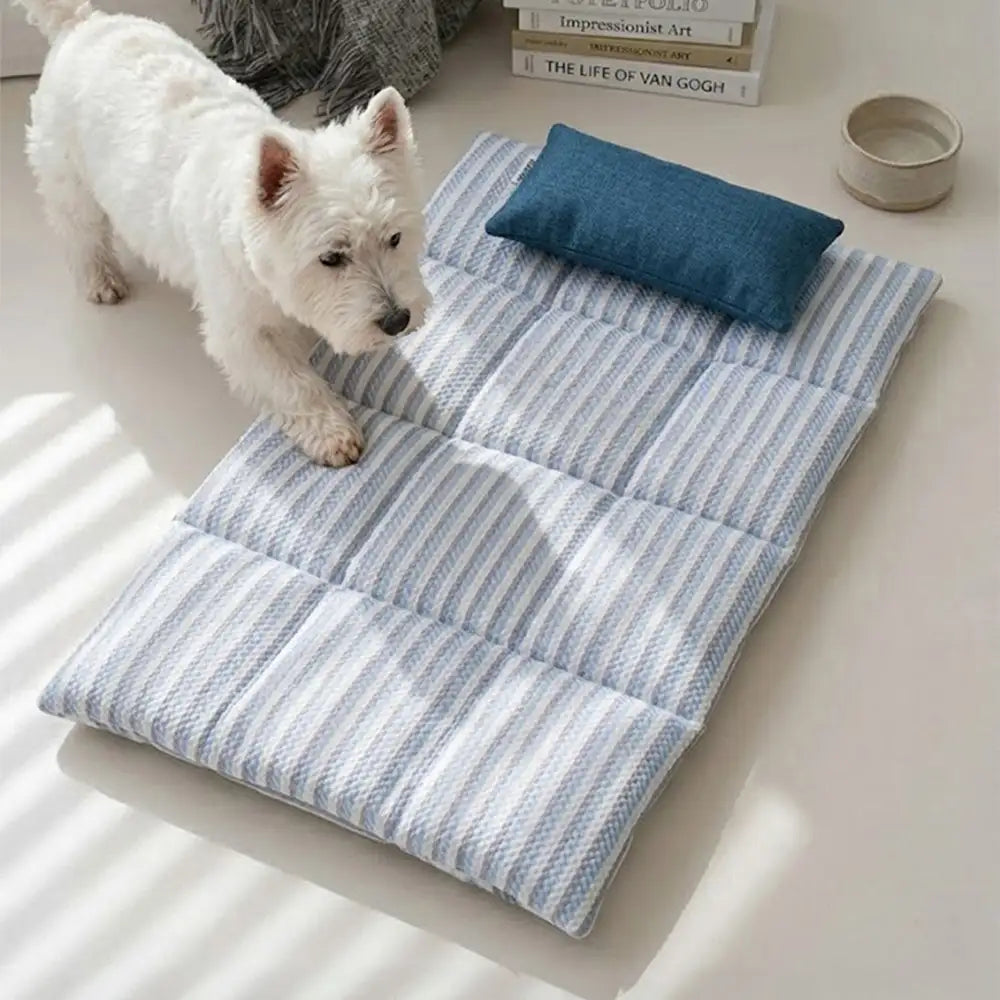 Refreshing Striped Cooling Ice Silk Non-Slip Dog Mat with Pillow