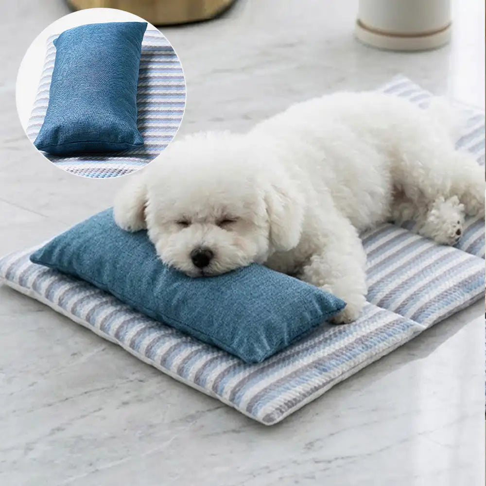 Refreshing Striped Cooling Ice Silk Non-Slip Dog Mat with Pillow