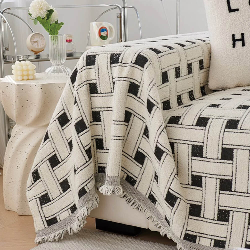 Stylish Checkered Fringed Tassel Chenille Sofa Protector Throw Couch Cover