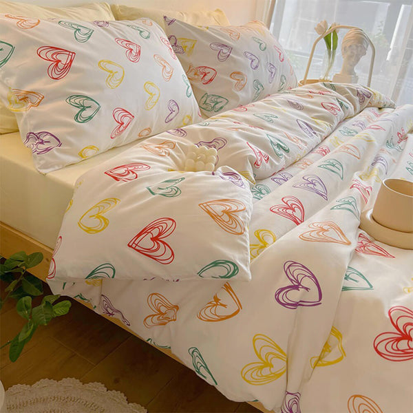 Watercolor Heart Gradient Cotton Duvet Cover Bed Sheet Set