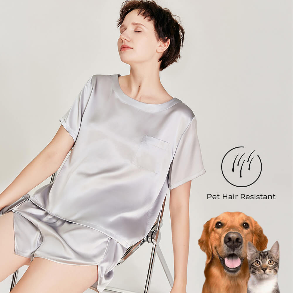 Women Pet Hair Resistant Washable Pure Silk Pajamas Set