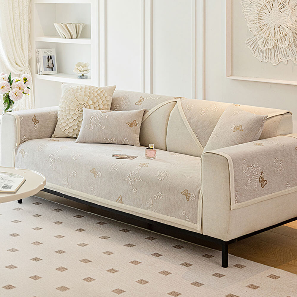 Chenille Anti-Slip Butterfly Pattern Morandi Color Couch Cover