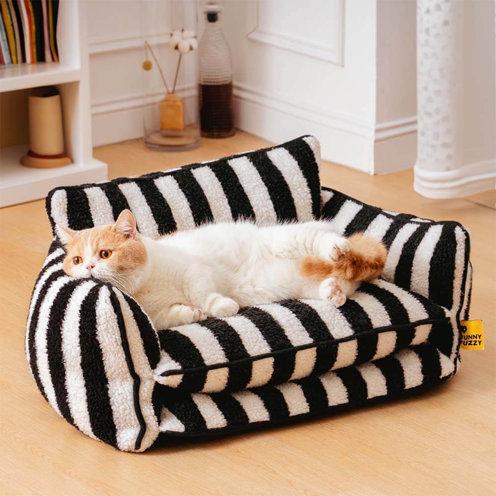 Trendy Striped Faux Lambswool Double Layer Cat Sofa Bed