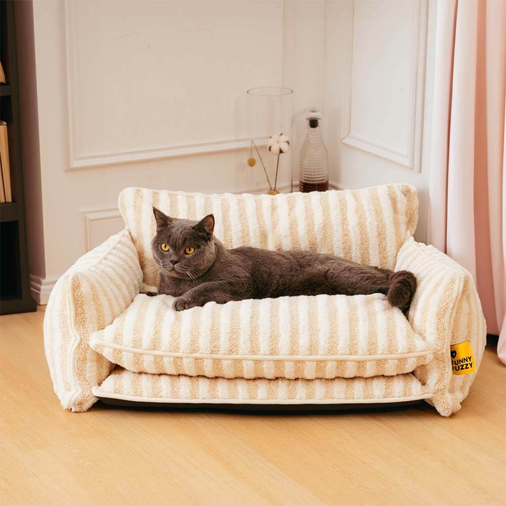 Canapé-lit rayé tendance en fausse laine d'agneau, Double couche pour chat