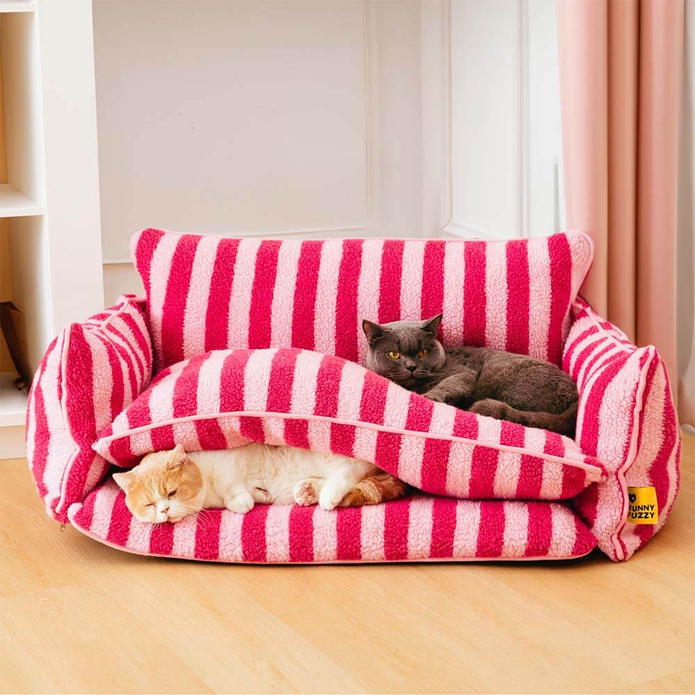 Trendy Striped Faux Lambswool Double Layer Cat Couch Sofa Bed