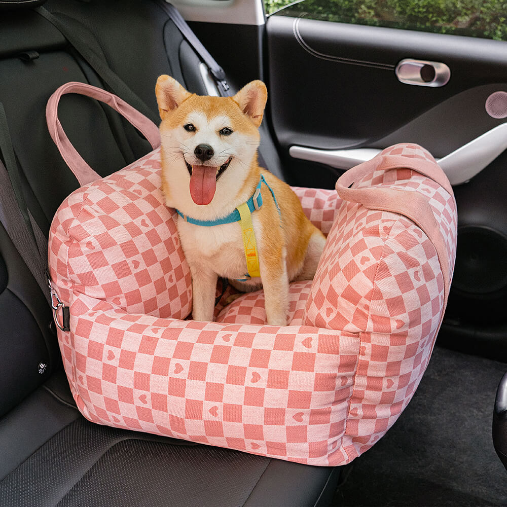 Cama de assento de carro para cachorro xadrez coração vintage