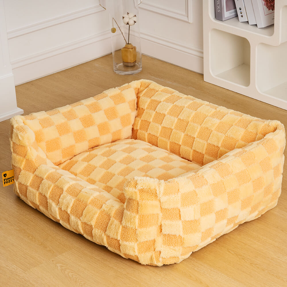 Fluffy Tufted Comfty Square Checkered Dog Cat Bed FunnyFuzzy