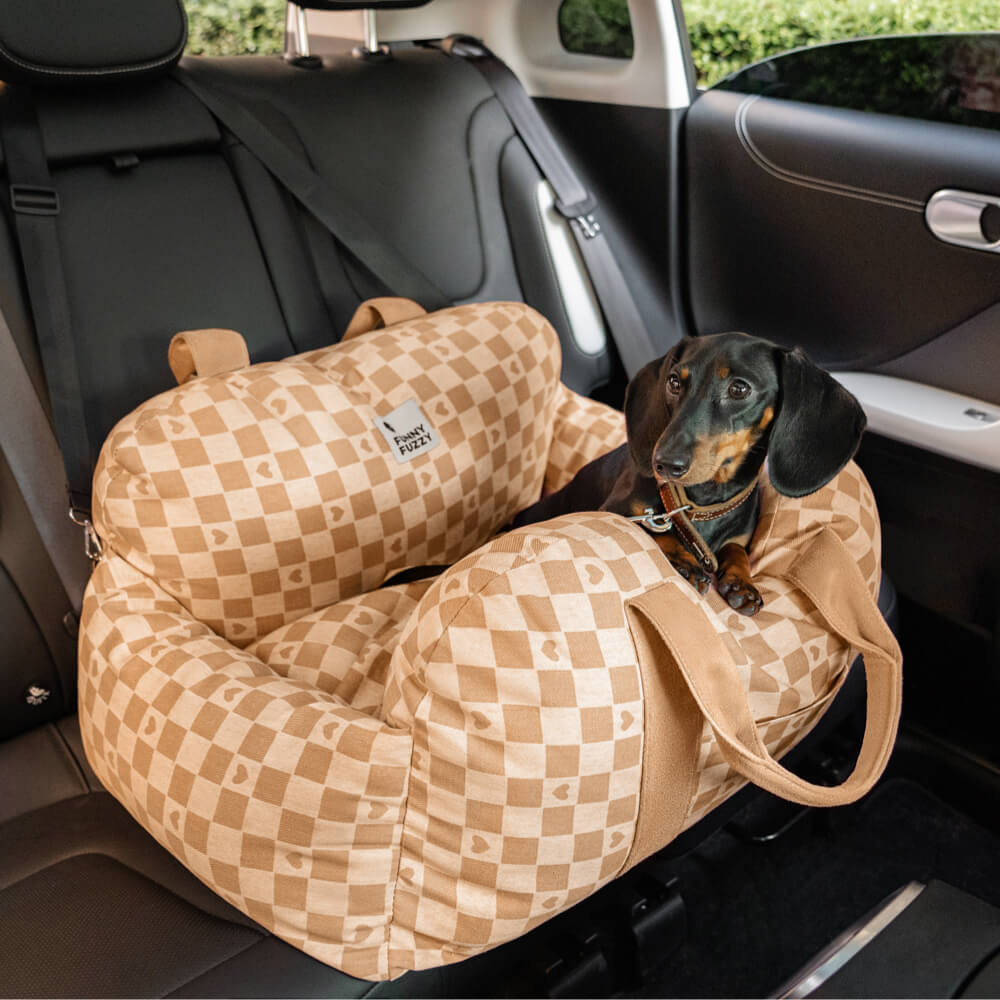Cama de assento de carro para cachorro xadrez coração vintage