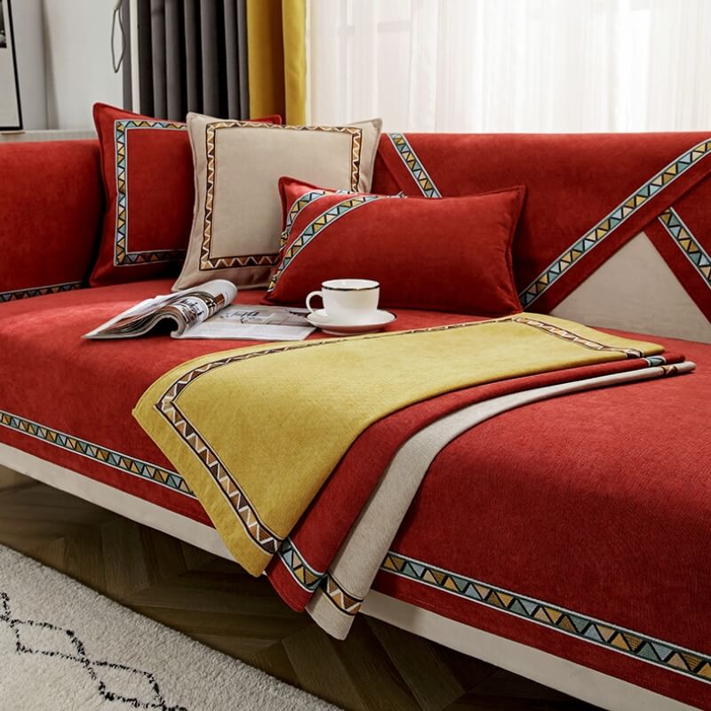 Geometric Decor Solid Color Chenille Non-Slip Comfort Couch Cover