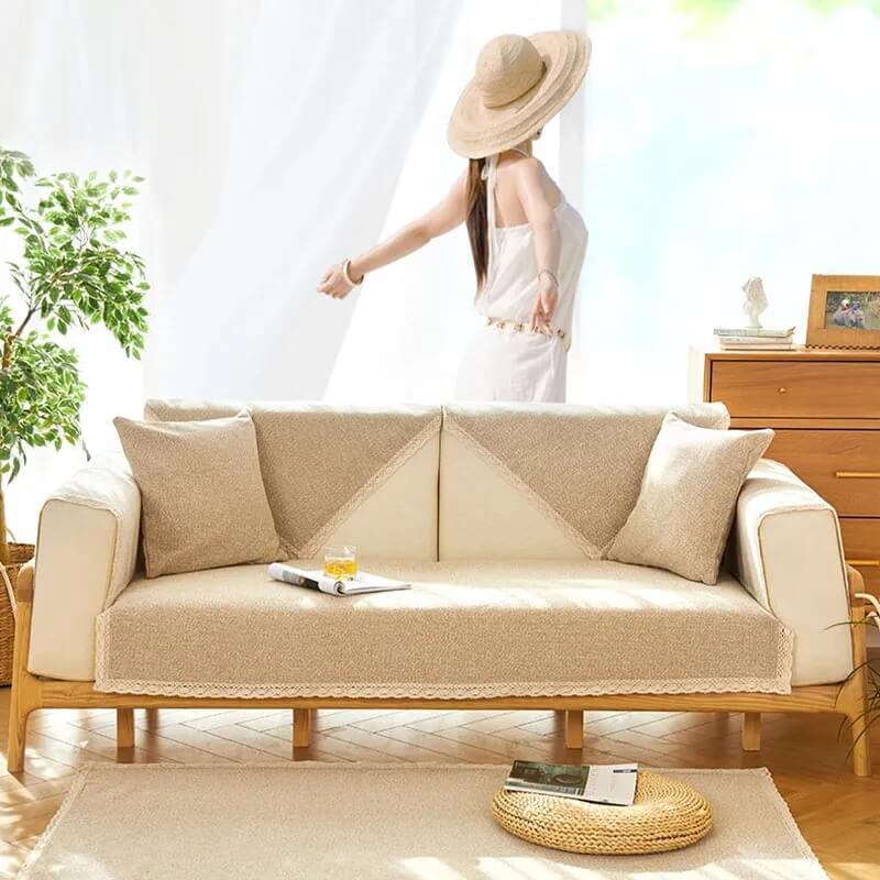 Capa de sofá antiderrapante de linho de algodão tecido à mão para todas as estações