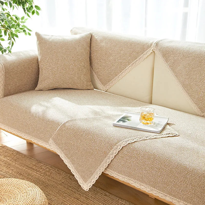 Handgewebter rutschfester Sofabezug aus Baumwollleinen für alle Jahreszeiten