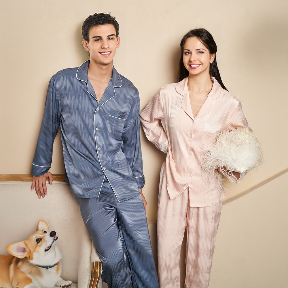 Ice Silk Striped Long-Sleeved Pajamas Skin-Friendly Pet Hair Resistant Couple Pajamas Set