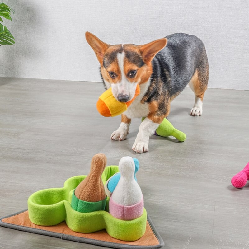 Jouet distributeur de friandises pour chien, puzzle de bowling interactif