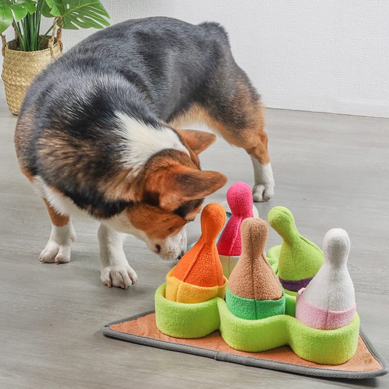 Jouet distributeur de friandises pour chien, puzzle de bowling interactif