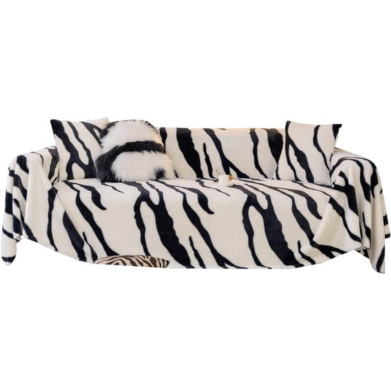 Luxurious Zebra-Print Fluffy Plush Sofa Protector Stylish Couch Cover