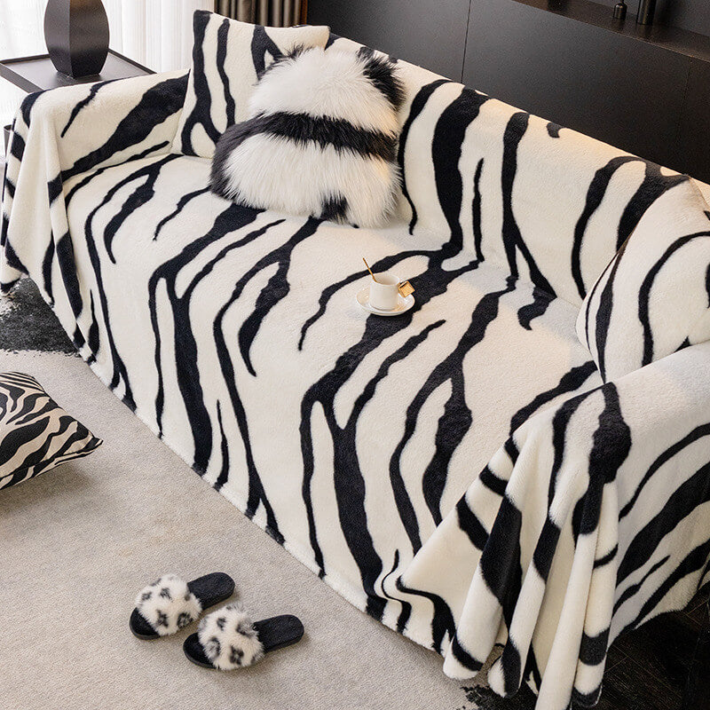 Luxurious Zebra-Print Fluffy Plush Sofa Protector Stylish Couch Cover