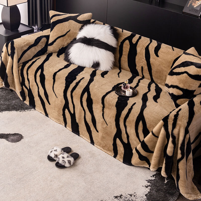 Luxurious Zebra-Print Fluffy Plush Sofa Protector Stylish Couch Cover