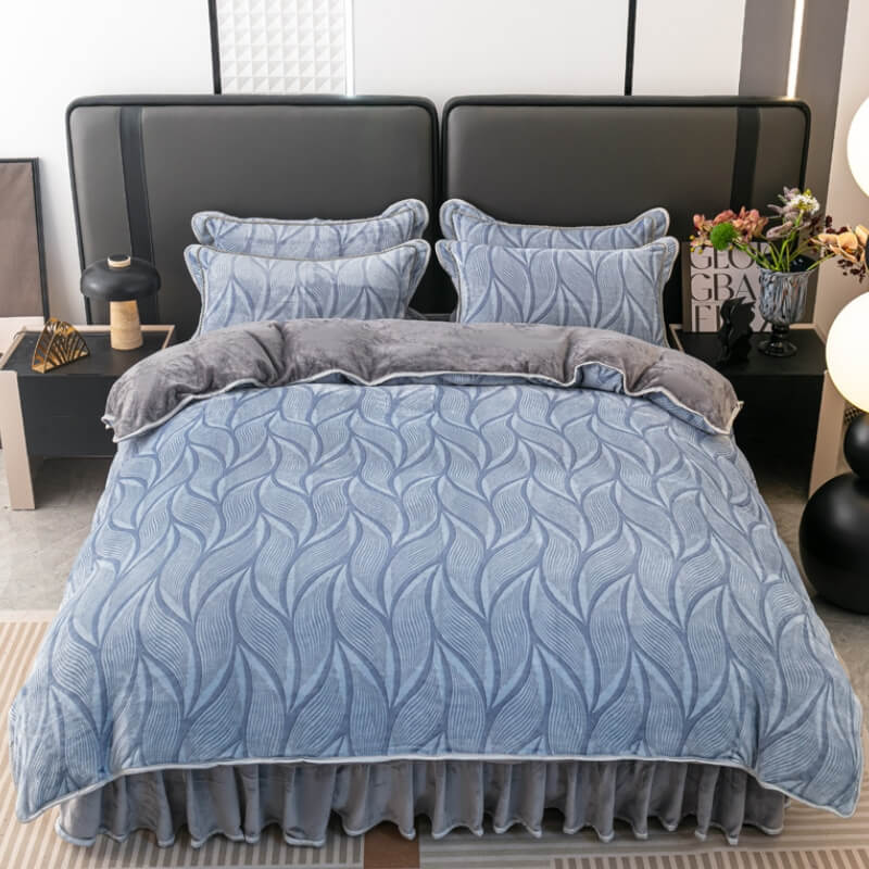 Modern Leaf Pattern Soft Milk Velvet Bed Sheet Set with Bed Skirt