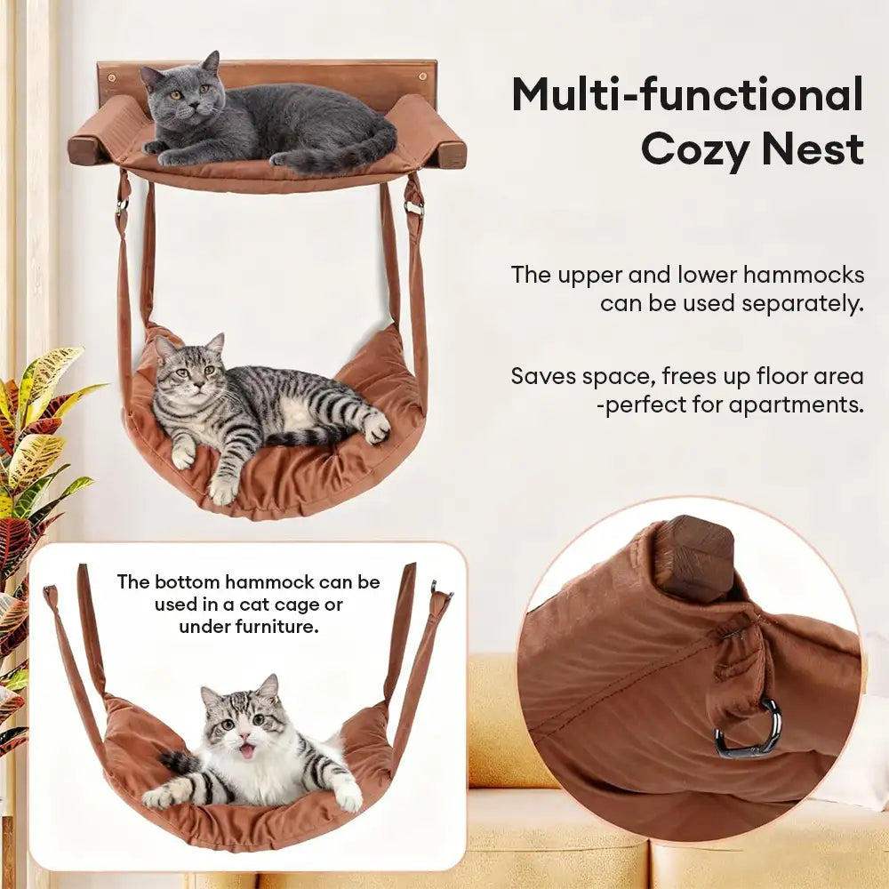 Modern Wooden Double-Layer Cat Wall Hammock for Lounging