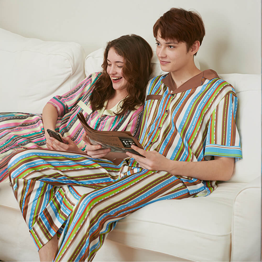 Romantic City Stripes Matching Couples Home Pajamas Set