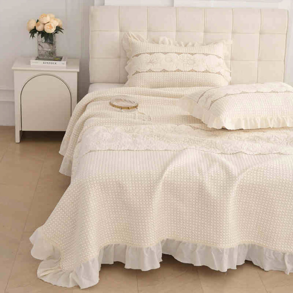 Ruffle Trim Soft Breathable Quilted Cotton Bedspread Set