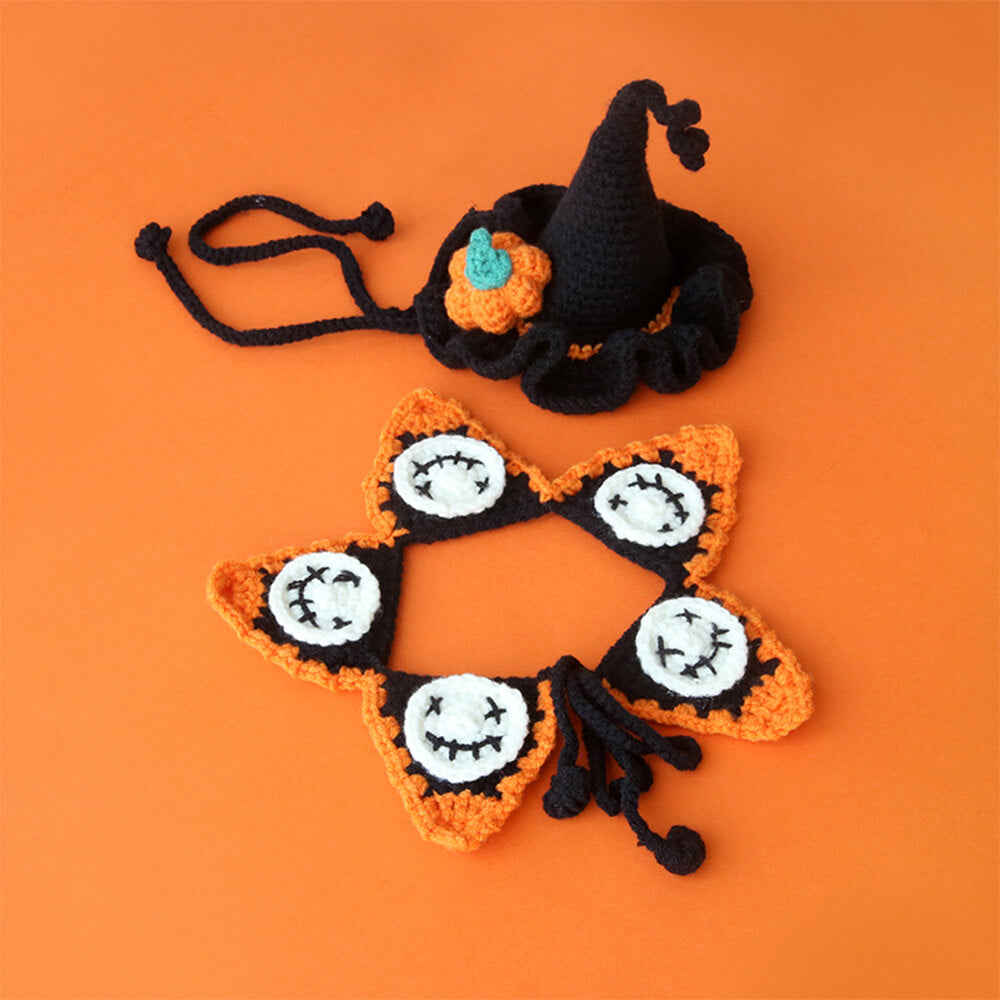 Halloween Pet Costume Handmade Knitted Pumpkin Collar and Witch Hat