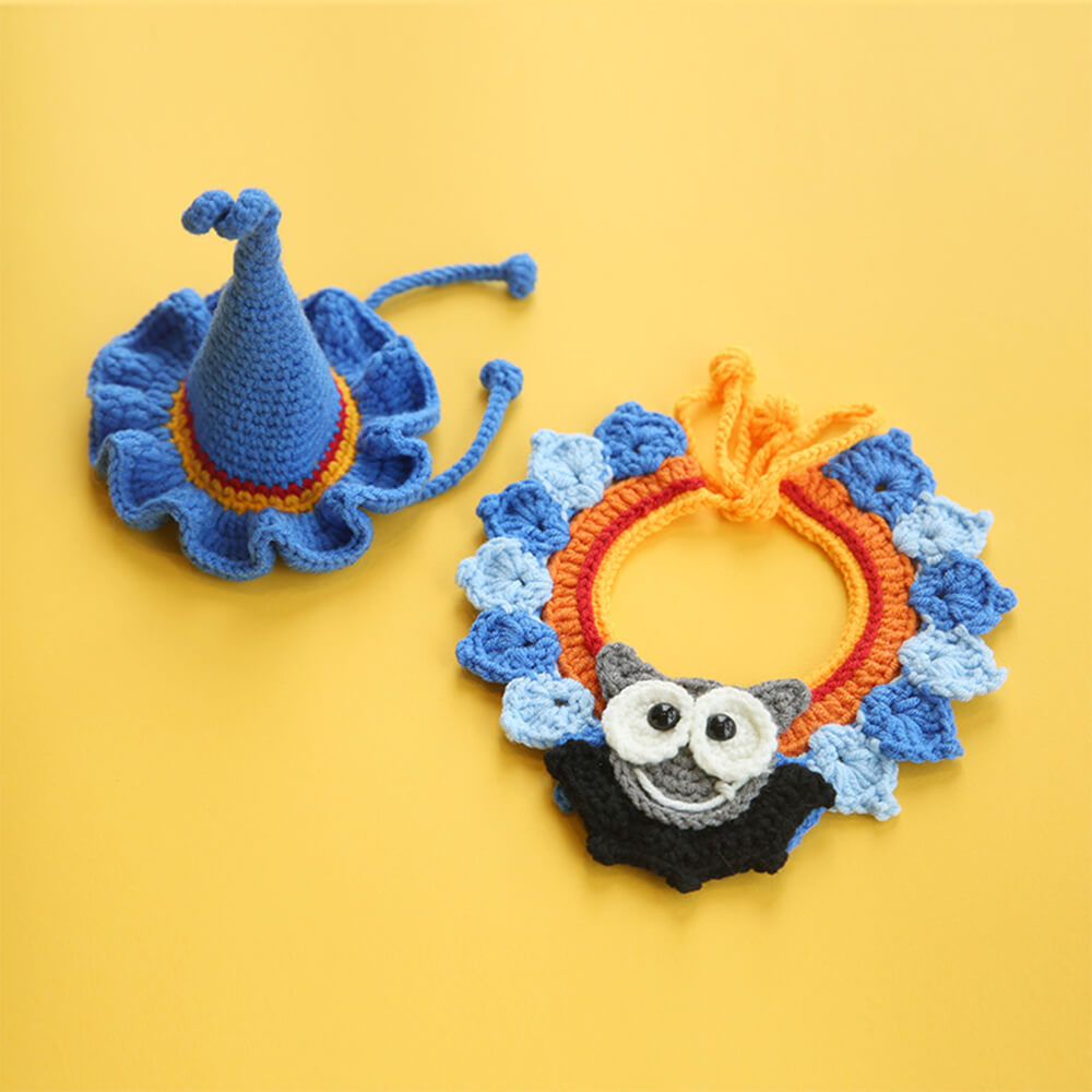 Halloween Pet Costume Handmade Knitted Pumpkin Collar and Witch Hat