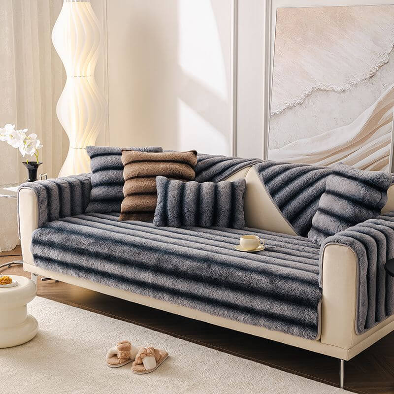 Striped Faux Rabbit Fur Sofa Protector Durable And Stain-Resistant Couch Cover