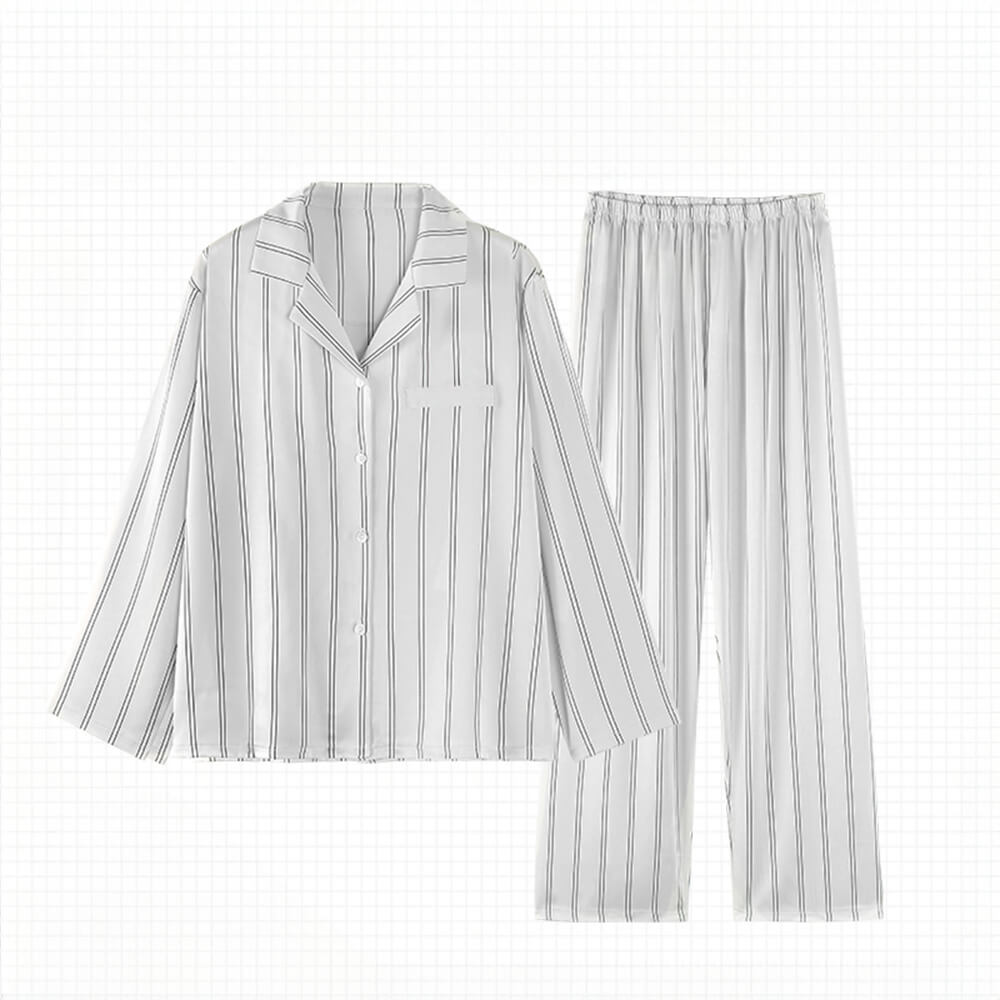 Striped Series Ice Silk Skin-Friendly Long Sleeve Couples Pajama Set