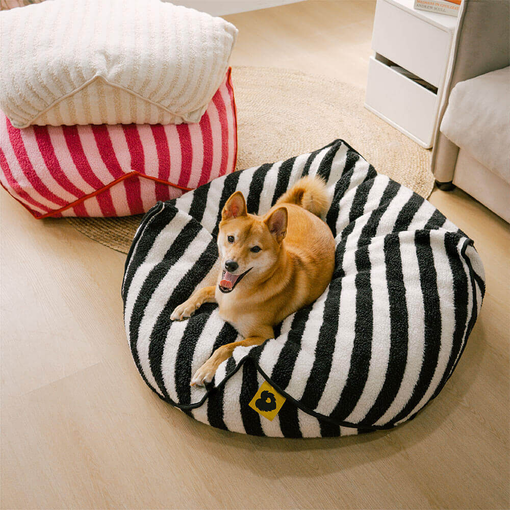 Funnyfuzzy Trendy Striped Pattern Polygonal Calming Bean Bag Dog Bed Beige M